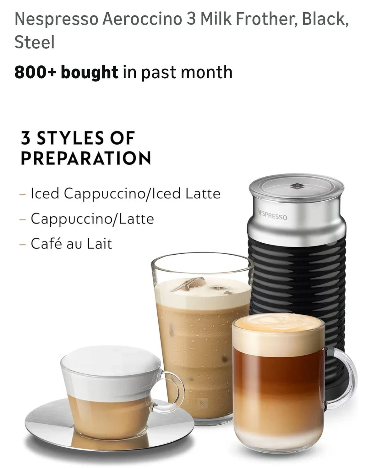NEW! Nespresso Aeroccino 3 Electric Milk Frother - Black (3694-US-BK)