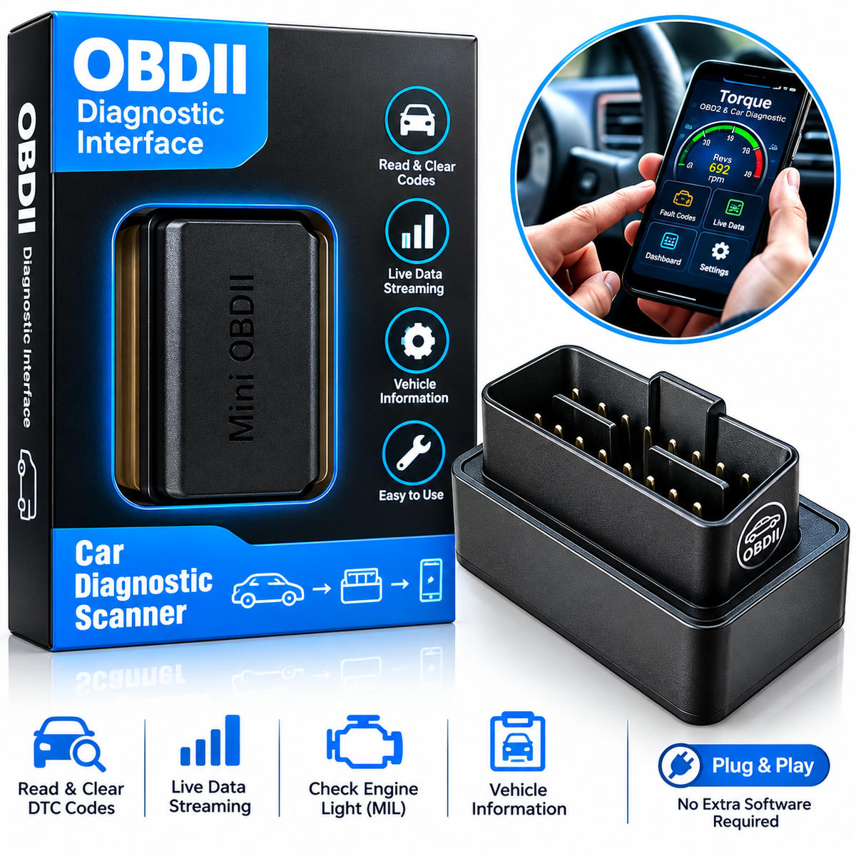 MINI ELM327 Bluetooth 4.0 OBD2 Car Diagnostic Scanner Tool Support IOS Android