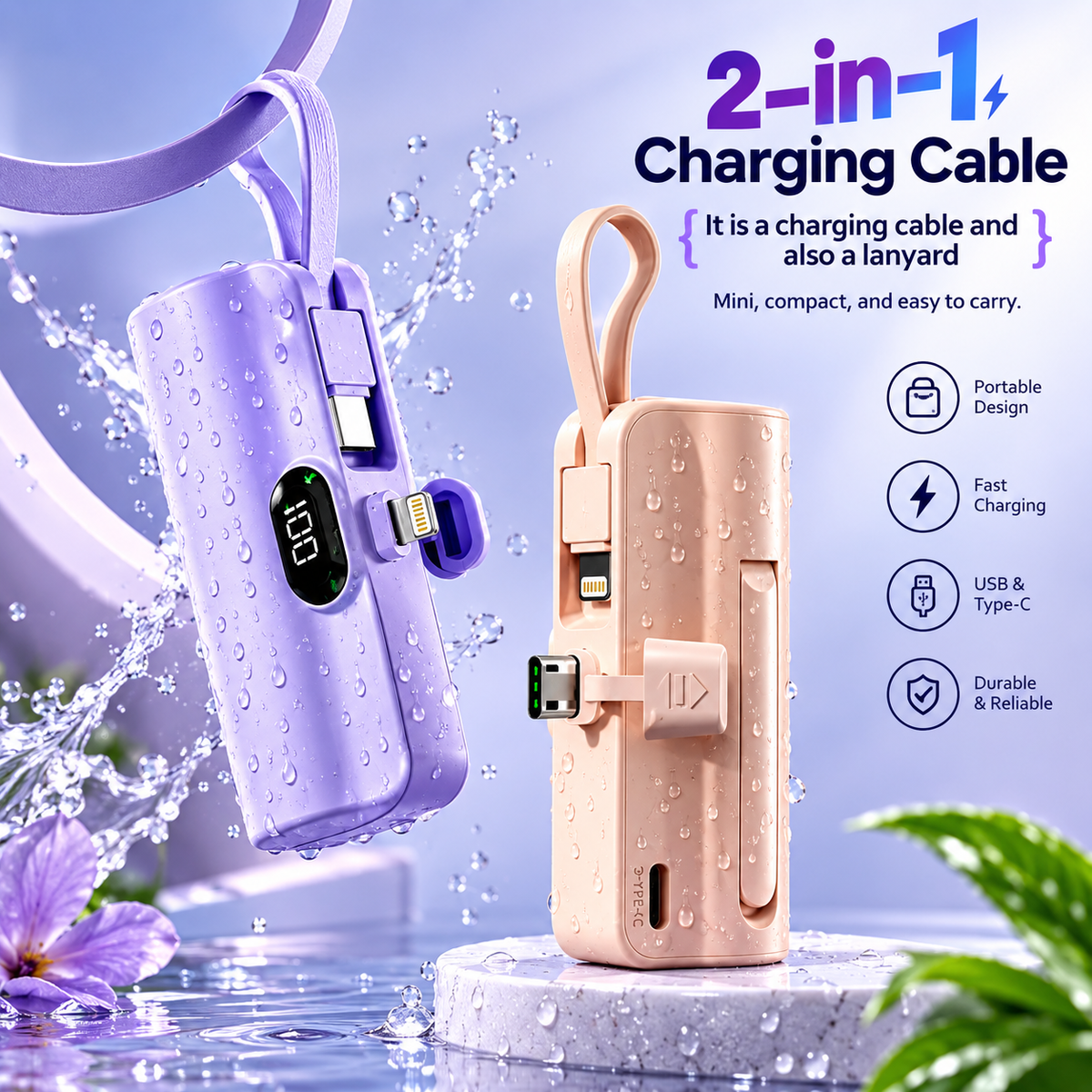 Mini Portable Power Bank 5000mAh 10000mAh USB Type-C & Apple Charger